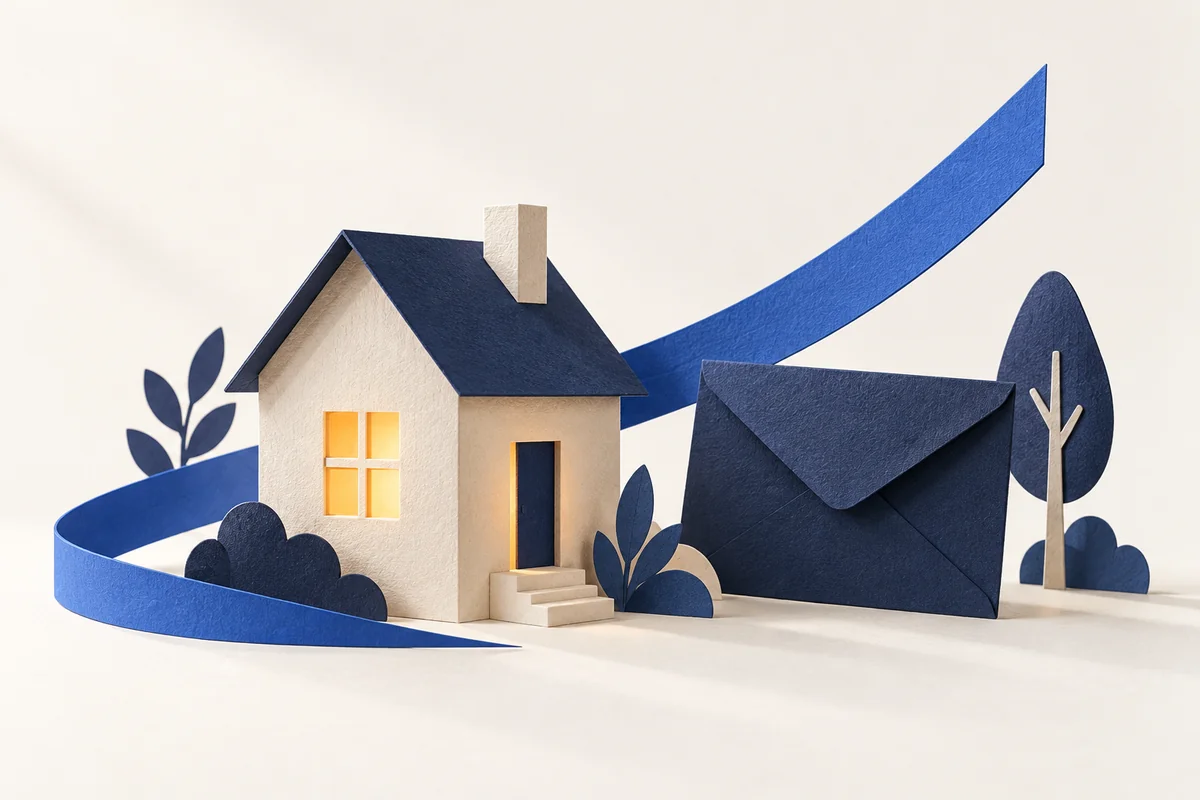 Maison éclairée et enveloppe, illustration du soutien au logement.