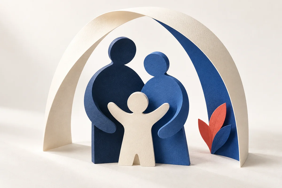 Personnages de papier sous une arche, illustration d’un projet de famille.