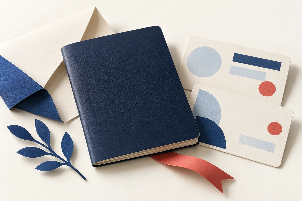 Livret bleu et cartes abstraites, illustration des documents d’identité.