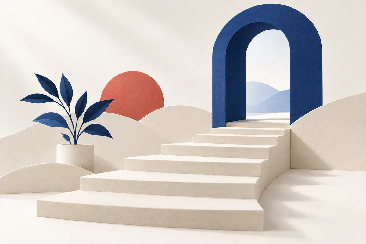 Chemin de papier vers une arche bleue, illustration d’une nouvelle étape de vie.