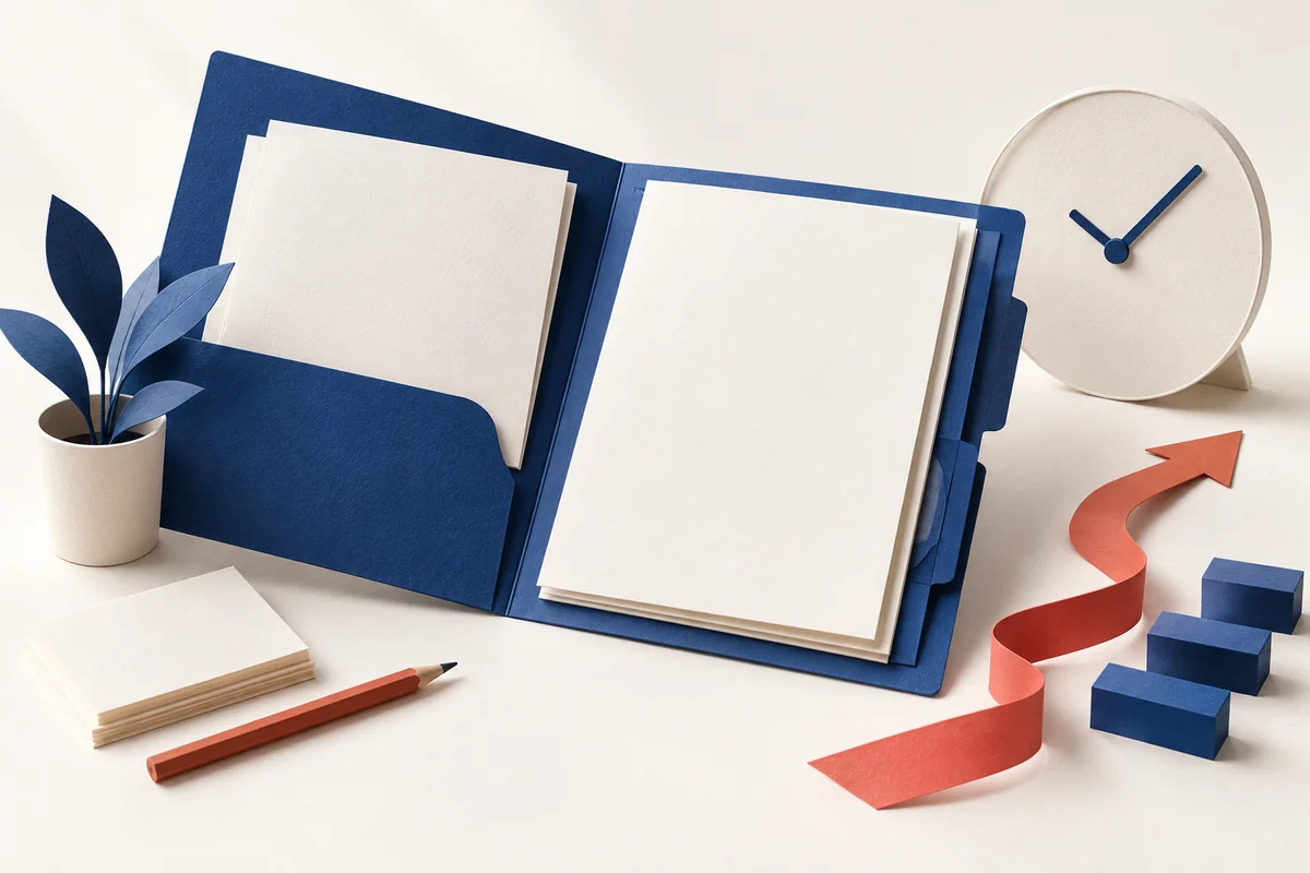 Dossier et disque évoquant une horloge, illustration de l’organisation du travail.