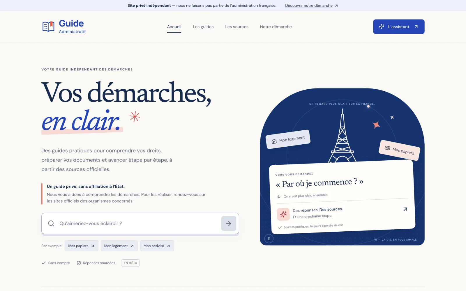 Page d’accueil de Guide Administratif : titre « Vos démarches, en clair. », champ de recherche et exemples de questions.