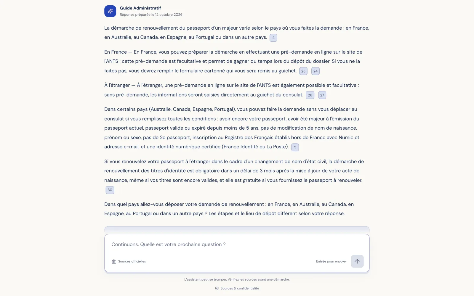 Réponse de l’assistant sur le renouvellement du passeport, avec des numéros de citation renvoyant aux sources officielles.
