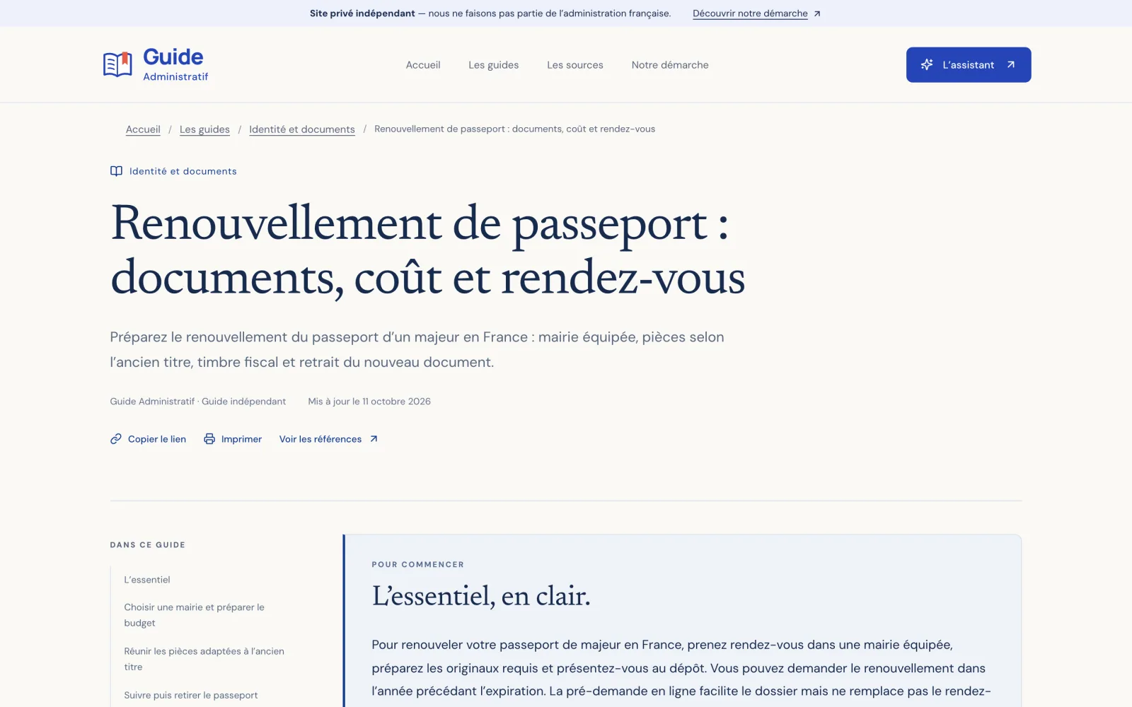 Guide « Renouvellement de passeport : documents, coût et rendez-vous », avec son sommaire et l’essentiel.