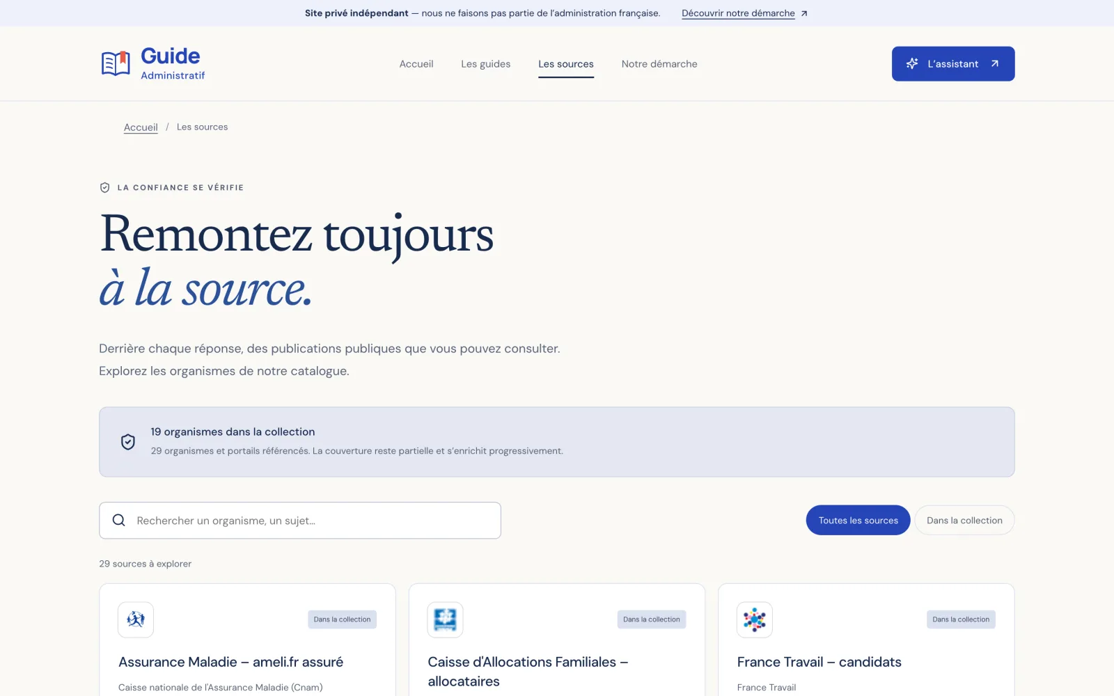 Annuaire des sources : 29 organismes et portails publics référencés, dont l’Assurance Maladie, la Caf et France Travail.